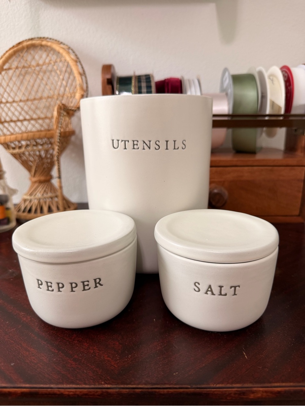 Hearth & Hand Cream Utensils Holder with Salt & Pepper Jars
